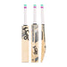 Three Kookaburra Prism 4.1 Hero Cricket Bat 2026 models stand upright, displaying front, side, and back views. Each bat has white handles with green, purple, and pink grip accents, black branding on light wood, and balanced performance.
