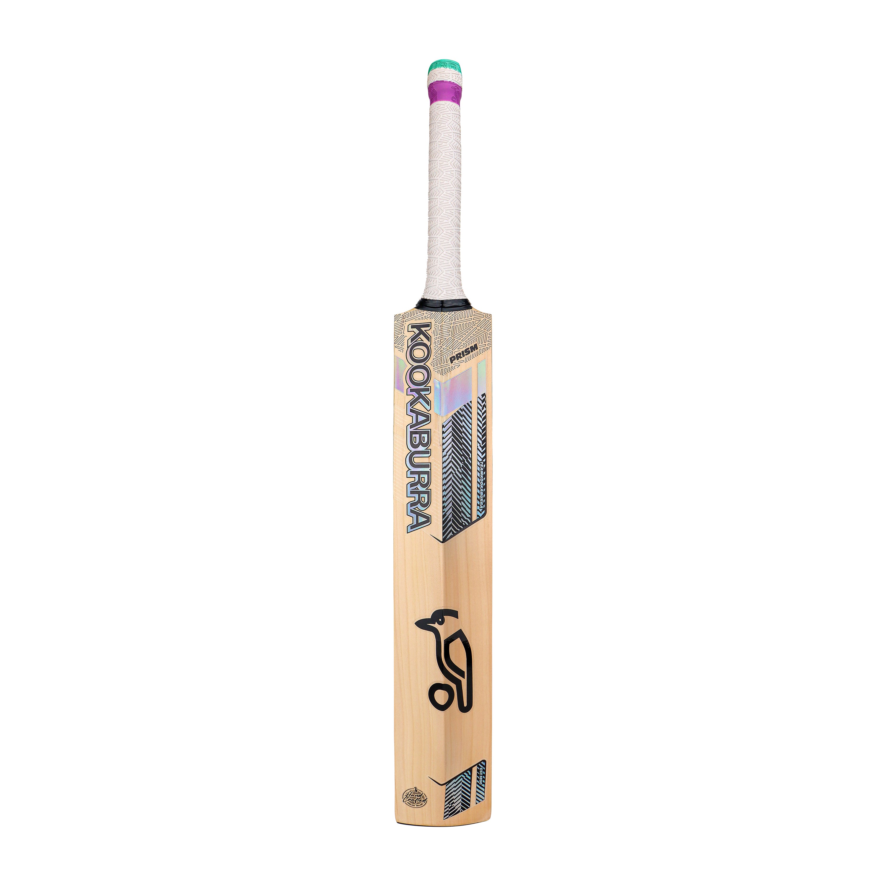 The Kookaburra Prism 4.1 Hero Junior Cricket Bat 2026, crafted from English willow with a white grip, green and purple accents, and bold black Kookaburra branding on the front, is displayed against a white background.