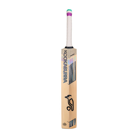 The Kookaburra Prism 4.1 Hero Junior Cricket Bat 2026, crafted from English willow with a white grip, green and purple accents, and bold black Kookaburra branding on the front, is displayed against a white background.