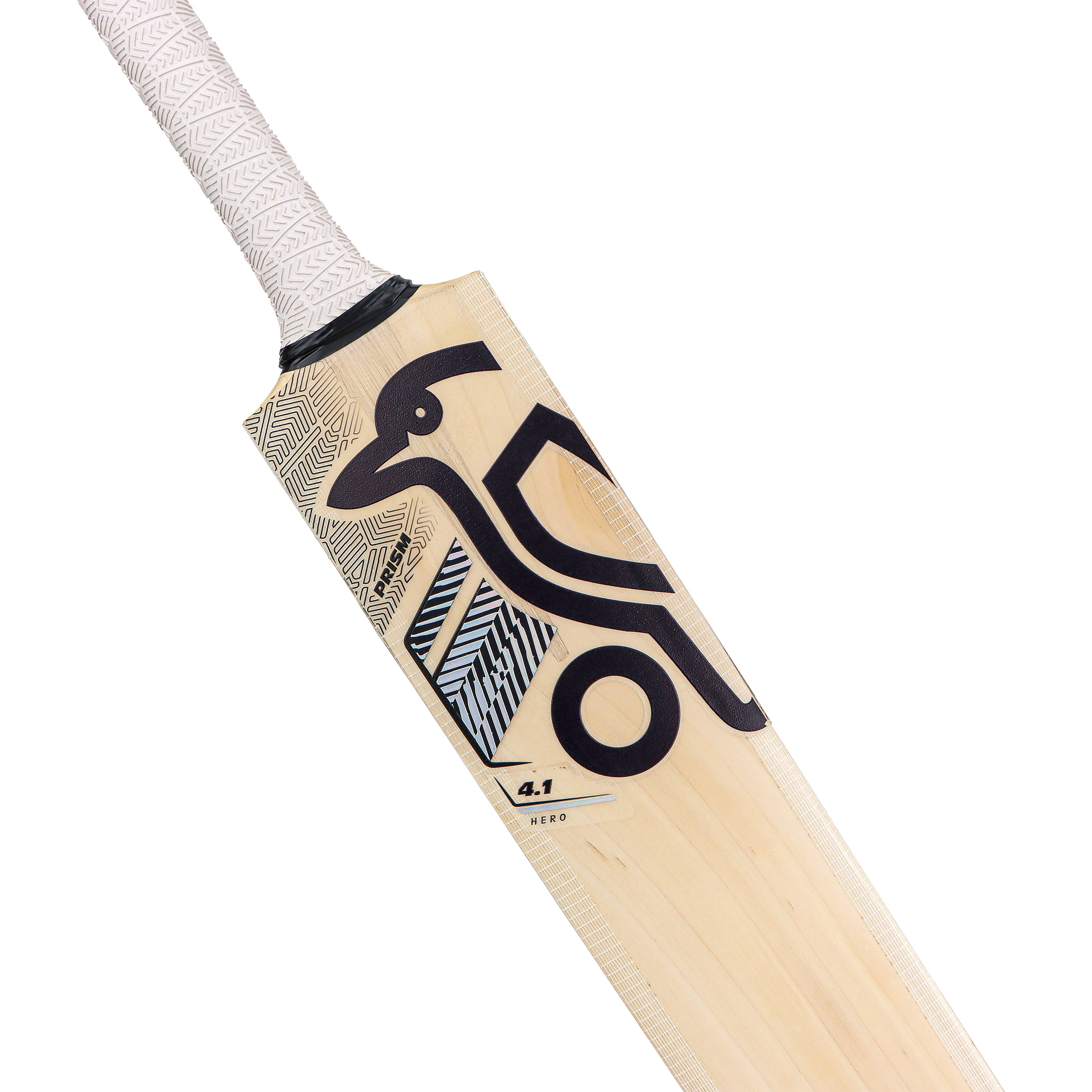 The Kookaburra Prism 4.1 Hero Junior Cricket Bat 2026 is a lightweight English willow bat with a white grip and black abstract kangaroo design on the front, ideal for young players.