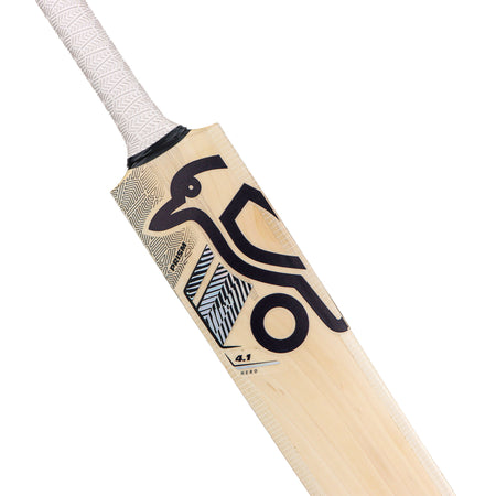 The Kookaburra Prism 4.1 Hero Junior Cricket Bat 2026 is a lightweight English willow bat with a white grip and black abstract kangaroo design on the front, ideal for young players.