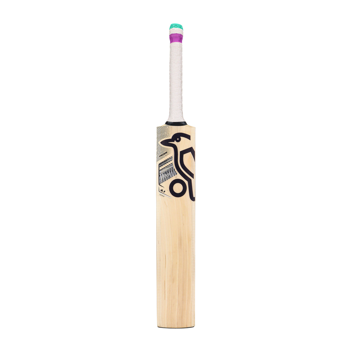 The Kookaburra Prism 4.1 Hero Junior Cricket Bat 2026, featuring a white grip, black Kookaburra logo, and feather design on English willow, is displayed upright against a plain white background.