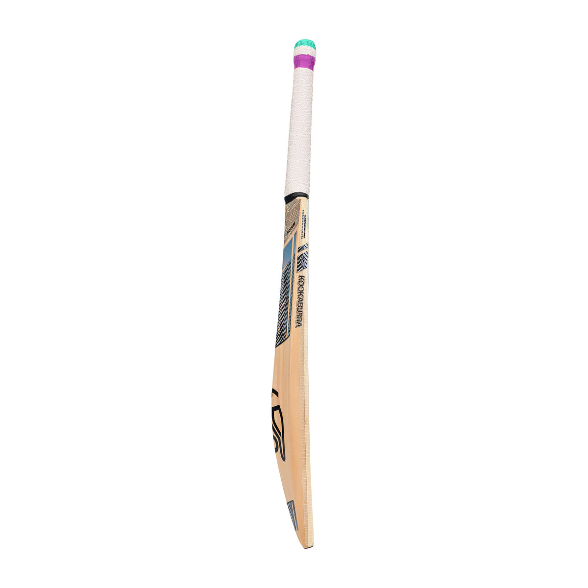 The Kookaburra Prism 4.1 Hero Junior Cricket Bat 2026 is a lightweight English willow bat with a white grip handle, purple and green top accents, and black and blue blade designs, shown against a plain white background.