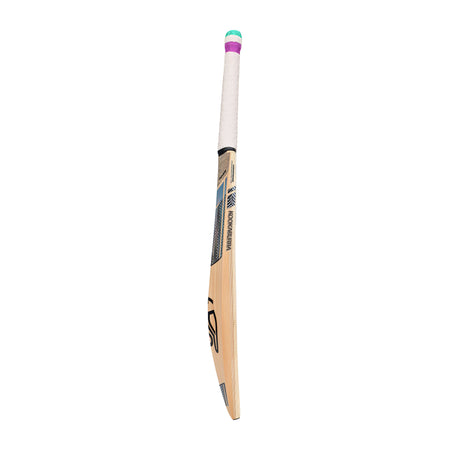 The Kookaburra Prism 4.1 Hero Junior Cricket Bat 2026 is a lightweight English willow bat with a white grip handle, purple and green top accents, and black and blue blade designs, shown against a plain white background.