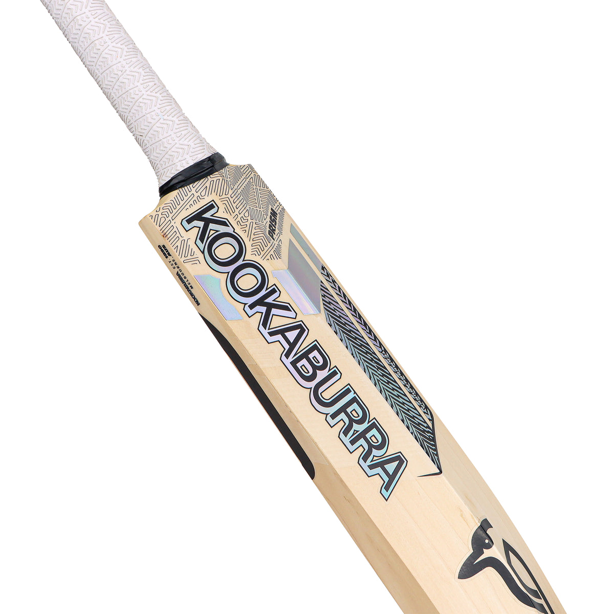 A close-up of the Kookaburra Prism 6.1 Special Cricket Bat 2026 showcases a white handle, bold KOOKABURRA branding, a shorter blade with longer handle design, and a light wood finish with black and silver accents.