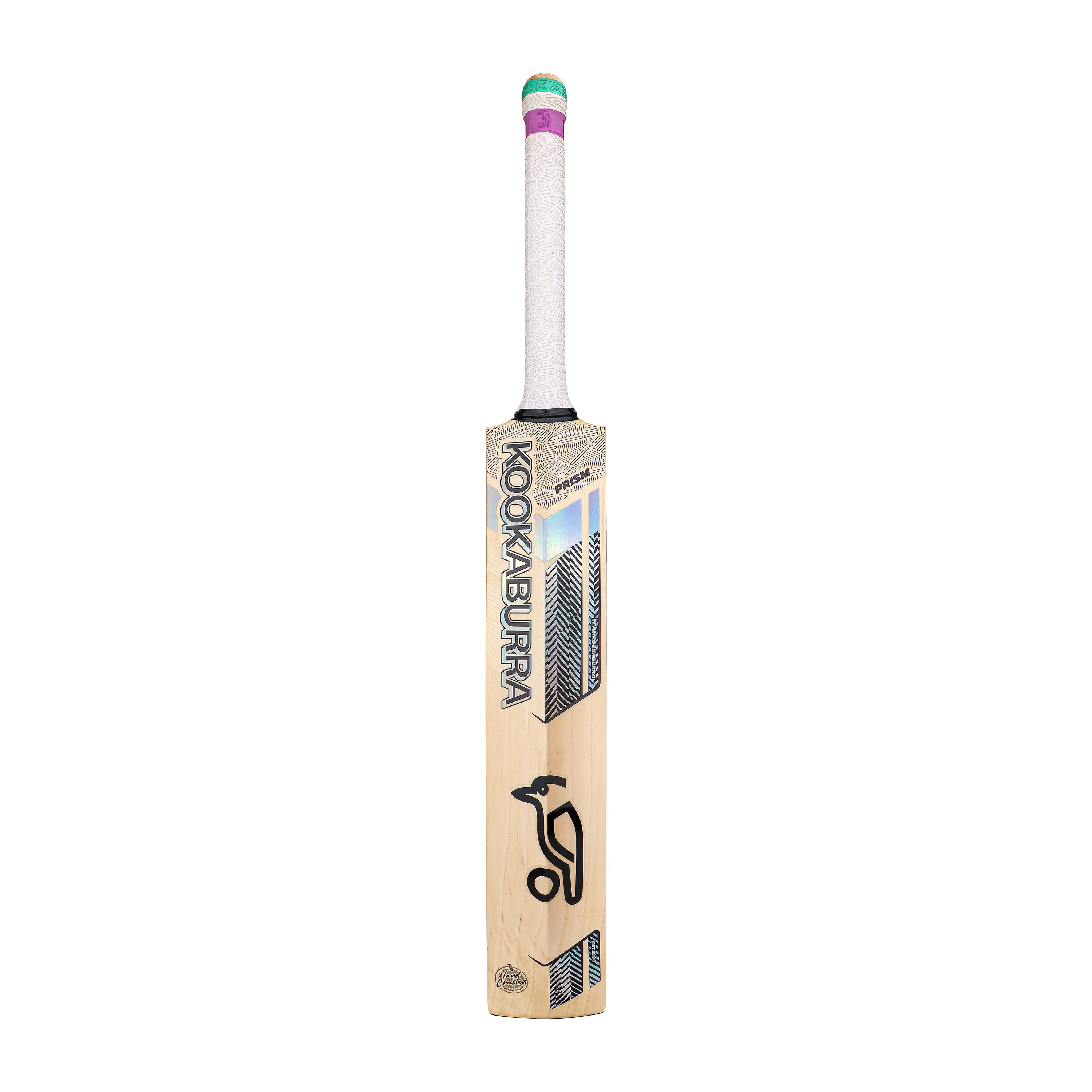 A Kookaburra Prism 6.1 Special Cricket Bat 2026, featuring a white grip and black branding on a light English Willow blade, is displayed upright against a plain white background.