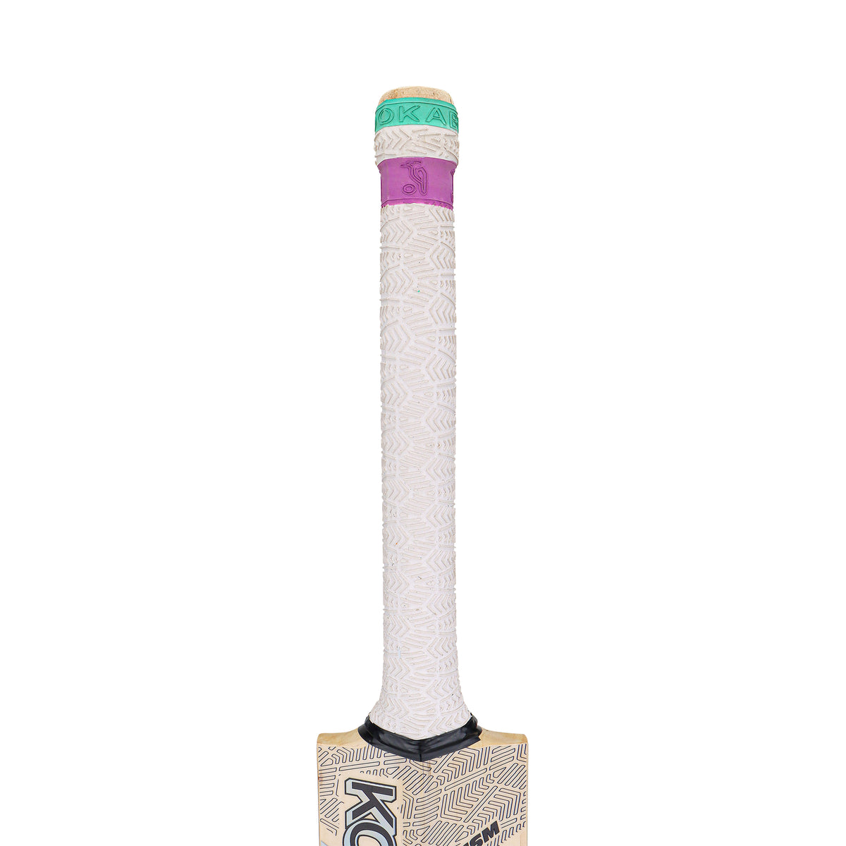 A close-up of the Kookaburra Prism 6.1 Special Cricket Bat 2026 handle, featuring a white textured grip, purple band near the top, green-topped handle, and a glimpse of the English Willow blade.