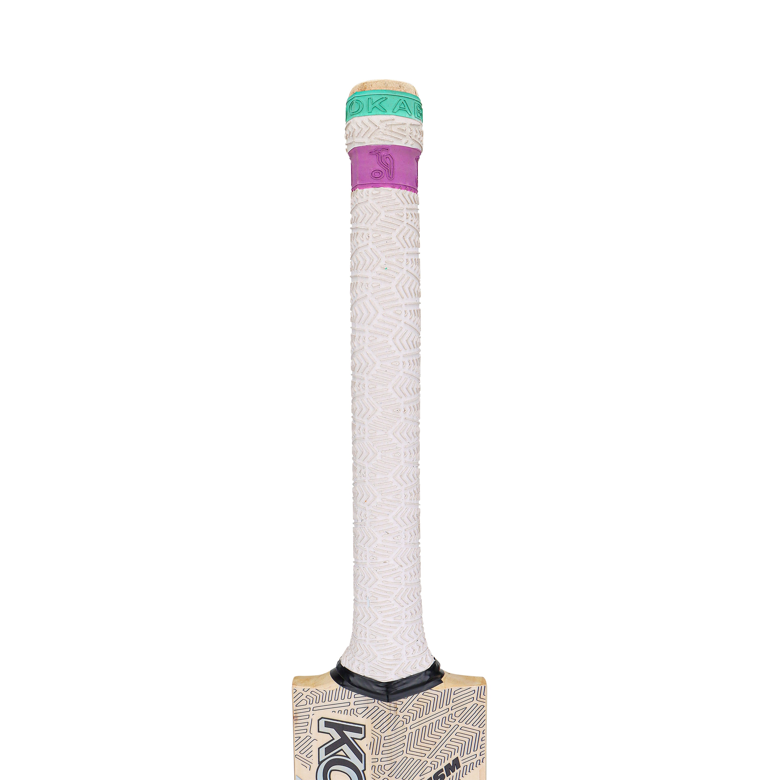 A close-up of the Kookaburra Prism 6.1 Special Cricket Bat 2026 handle, featuring a white textured grip, purple band near the top, green-topped handle, and a glimpse of the English Willow blade.