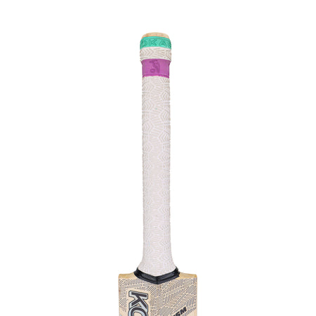 A close-up of the Kookaburra Prism 6.1 Special Cricket Bat 2026 handle, featuring a white textured grip, purple band near the top, green-topped handle, and a glimpse of the English Willow blade.