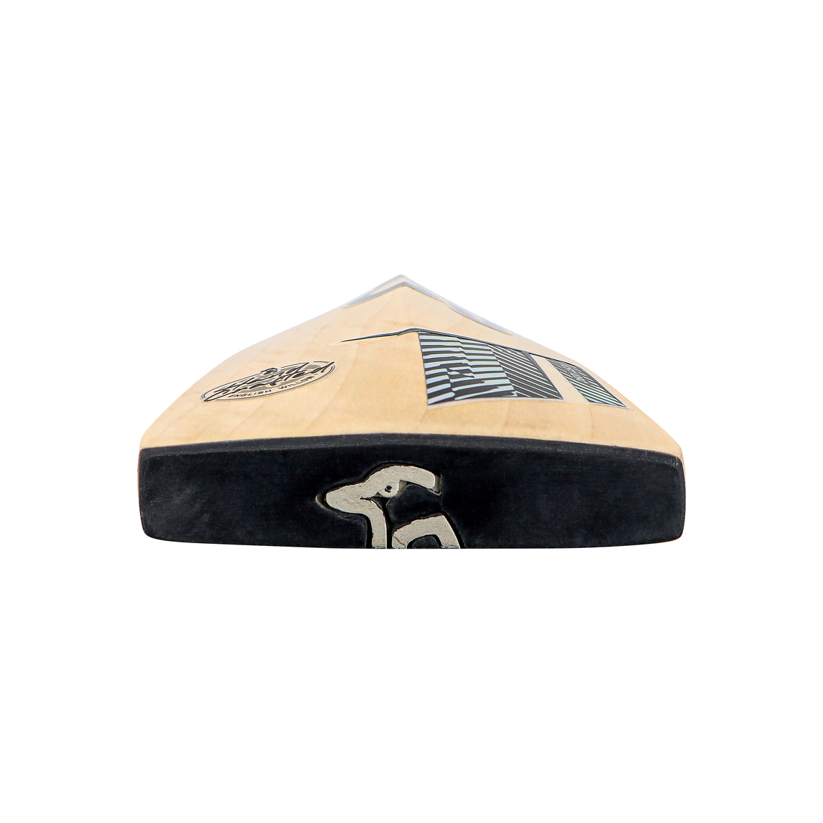 A wooden canoe viewed from the front, featuring black and white geometric designs and an animal motif on its prow, showcases craftsmanship reminiscent of a Kookaburra Prism 6.1 Special Cricket Bat 2026, set against a white background.