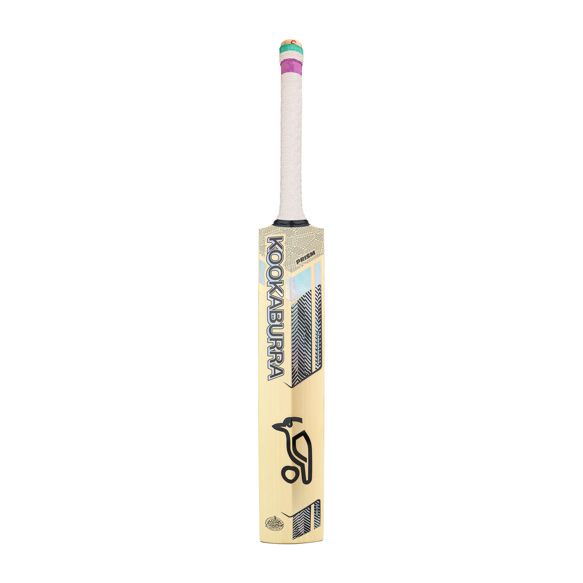 The Kookaburra Prism 6.5 Force Cricket Bat 2026 features a light wooden blade, white grip, and colorful handle bands. Standing upright on a plain white background, it's an ideal entry-level choice from Kookaburra.