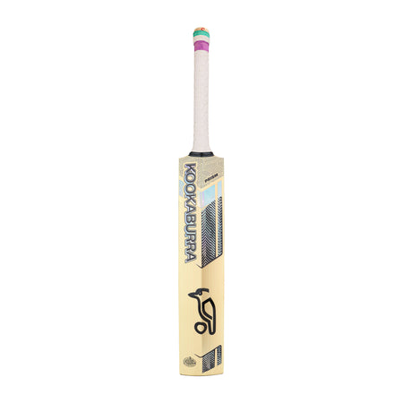 The Kookaburra Prism 6.5 Force Cricket Bat 2026 features a light wooden blade, white grip, and colorful handle bands. Standing upright on a plain white background, it's an ideal entry-level choice from Kookaburra.