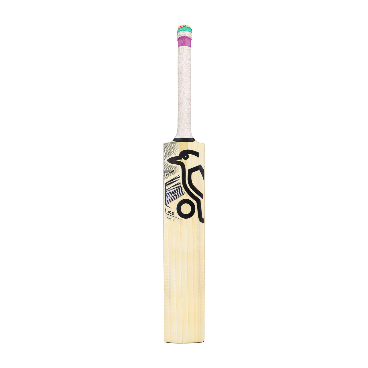 The Kookaburra Prism 6.5 Force Cricket Bat 2026 is an entry-level bat with a white handle, multi-color grip (pink, green, purple), and a black and silver abstract bird design on the front blade.