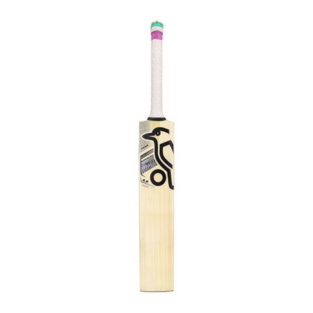 The Kookaburra Prism 6.5 Force Cricket Bat 2026 is an entry-level bat with a white handle, multi-color grip (pink, green, purple), and a black and silver abstract bird design on the front blade.