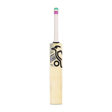 The Kookaburra Prism 6.5 Force Cricket Bat 2026 is an entry-level bat with a white handle, multi-color grip (pink, green, purple), and a black and silver abstract bird design on the front blade.