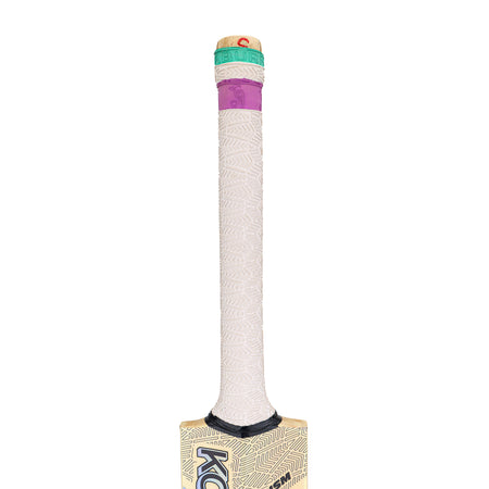 A close-up of the Kookaburra Prism 6.5 Force Cricket Bat 2026 handle by Kookaburra, featuring a white textured grip with green and purple bands near the top, set against a plain white background.