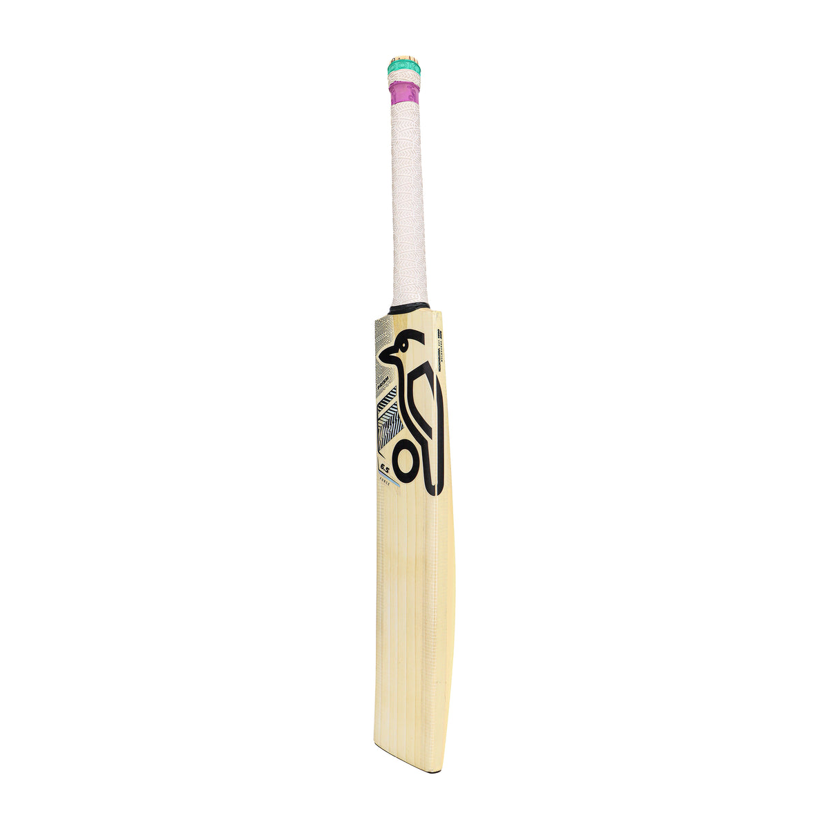 The Kookaburra Prism 6.5 Force Cricket Bat 2026 by Kookaburra is an entry-level wooden bat with a wrapped white grip, colorful tape at the top, and a black logo and design on the front, shown isolated on a white background.