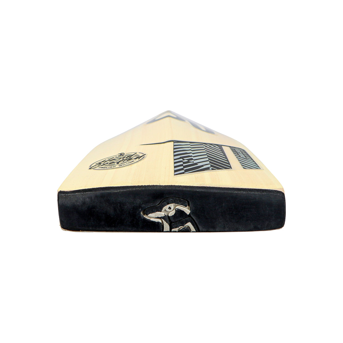 Close-up of the flat face and thick edge of the Kookaburra Prism 6.5 Force Cricket Bat 2026 lying on its back, displaying Kookaburra branding and a bird logo sticker near the toe.