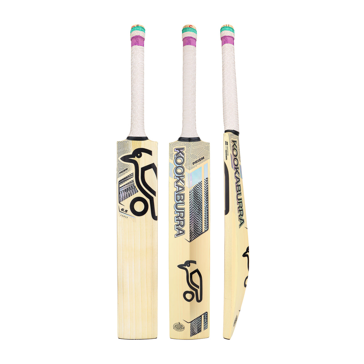 Three views of the Kookaburra Prism 6.5 Force Cricket Bat 2026 by Kookaburra are shown: front, back, and side. This entry-level bat is light-colored with black and teal branding and a white grip handle featuring pink and green bands at the top.