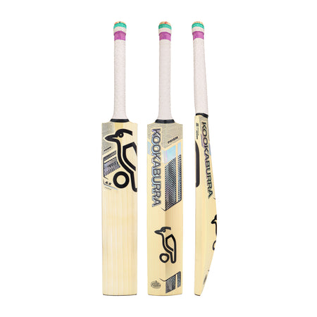 Three views of the Kookaburra Prism 6.5 Force Cricket Bat 2026 by Kookaburra are shown: front, back, and side. This entry-level bat is light-colored with black and teal branding and a white grip handle featuring pink and green bands at the top.