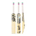 Three views of the Kookaburra Prism 6.5 Force Cricket Bat 2026 by Kookaburra are shown: front, back, and side. This entry-level bat is light-colored with black and teal branding and a white grip handle featuring pink and green bands at the top.
