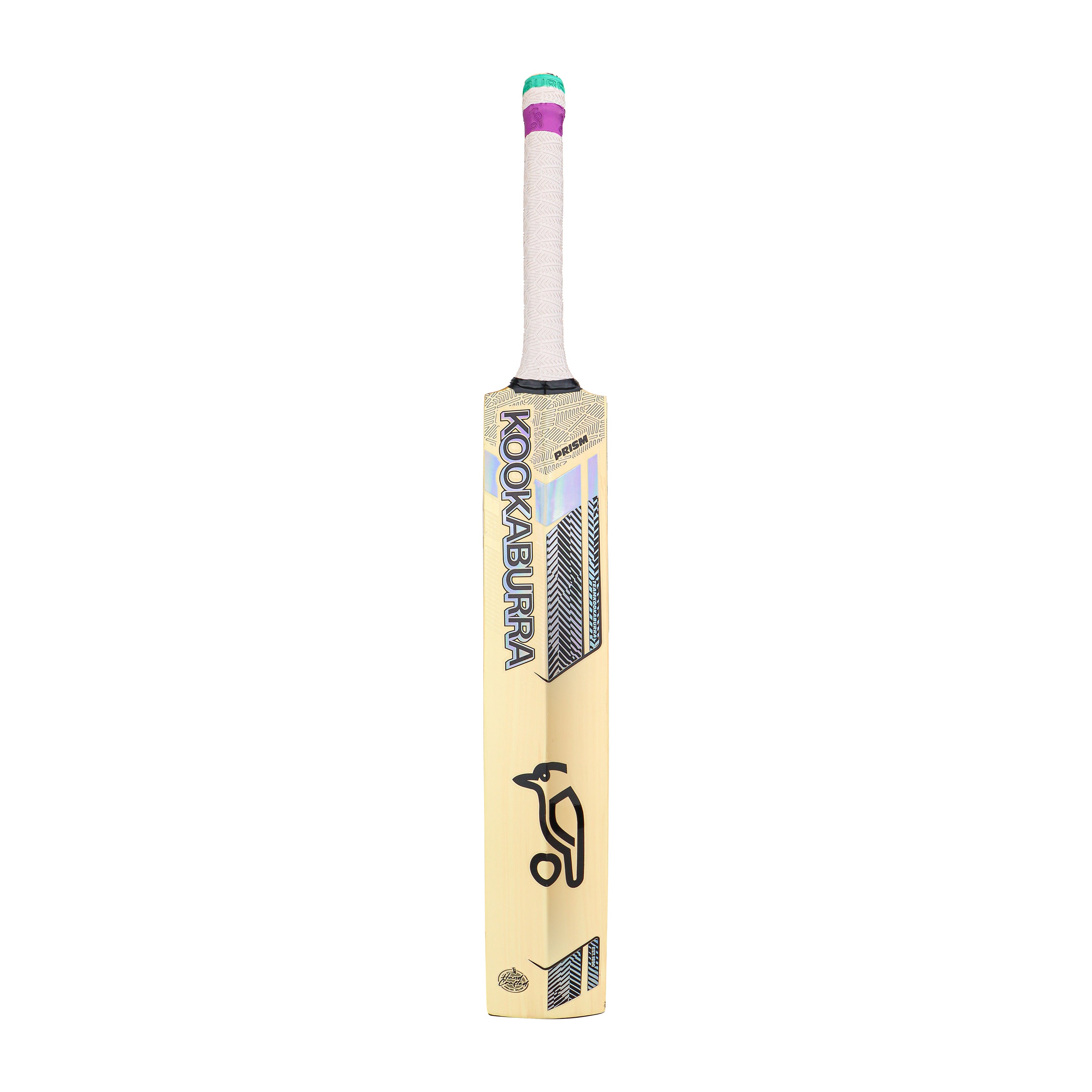 The Kookaburra Prism 6.5 Force Junior Cricket Bat 2026 stands upright on a white background, featuring a wrapped handle and the black Kookaburra logo—perfect for young cricketers.