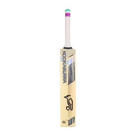 The Kookaburra Prism 6.5 Force Junior Cricket Bat 2026 stands upright on a white background, featuring a wrapped handle and the black Kookaburra logo—perfect for young cricketers.