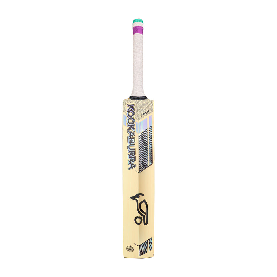 The Kookaburra Prism 6.5 Force Junior Cricket Bat 2026 stands upright on a white background, featuring a wrapped handle and the black Kookaburra logo—perfect for young cricketers.