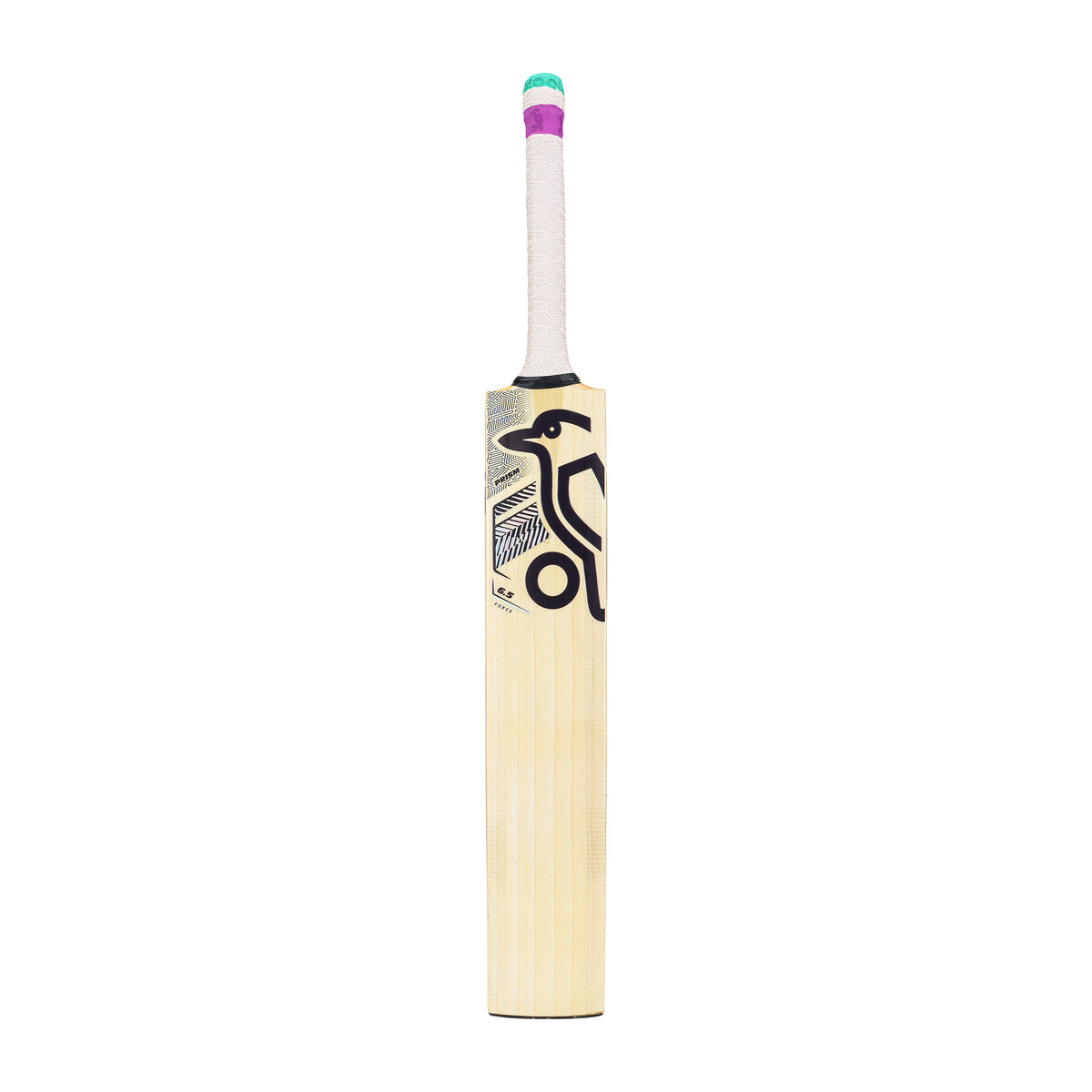 The Kookaburra Prism 6.5 Force Junior Cricket Bat 2026 by Kookaburra features a lightweight English Willow blade, a white handle wrapped in purple, green, and blue tape, and a black penguin graphic on the front against a plain white background.