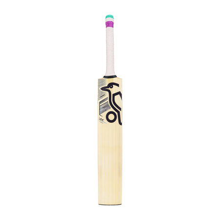 The Kookaburra Prism 6.5 Force Junior Cricket Bat 2026 by Kookaburra features a lightweight English Willow blade, a white handle wrapped in purple, green, and blue tape, and a black penguin graphic on the front against a plain white background.