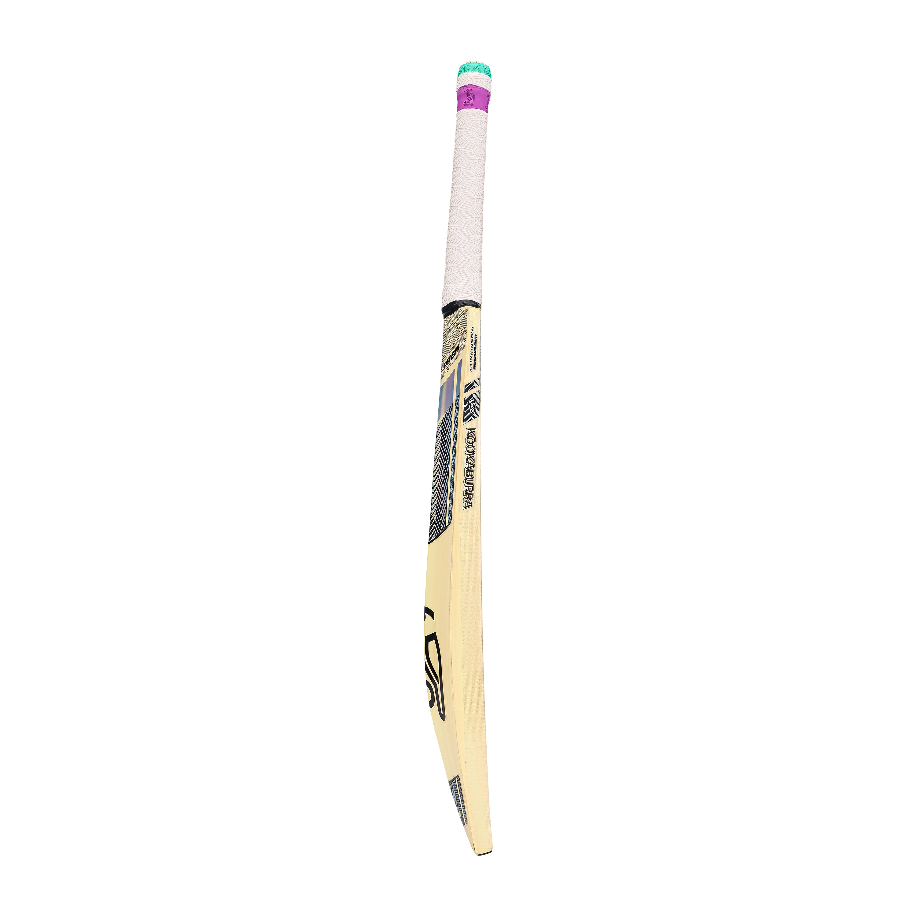 The Kookaburra Prism 6.5 Force Junior Cricket Bat 2026, in yellow with a white handle wrapped in grip tape featuring green and pink bands, is displayed against a plain white background.