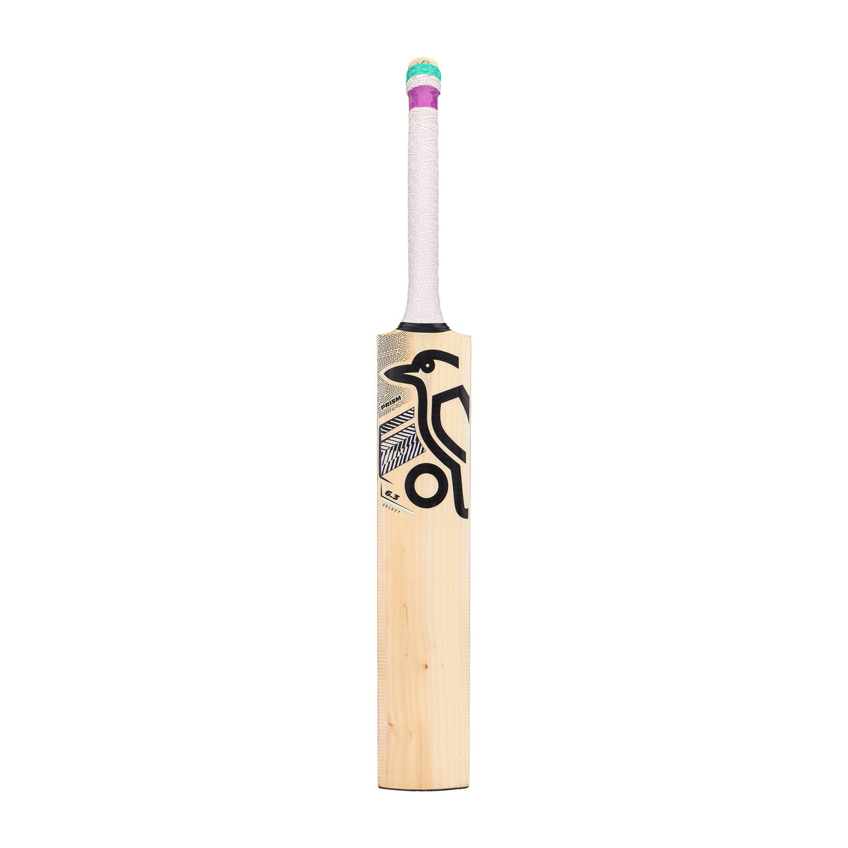 The Kookaburra Prism 6.3 Select Cricket Bat 2026, a Grade 5 English willow bat by Kookaburra, features a white handle grip and a black geometric bird design on the front, displayed upright against a plain white background.