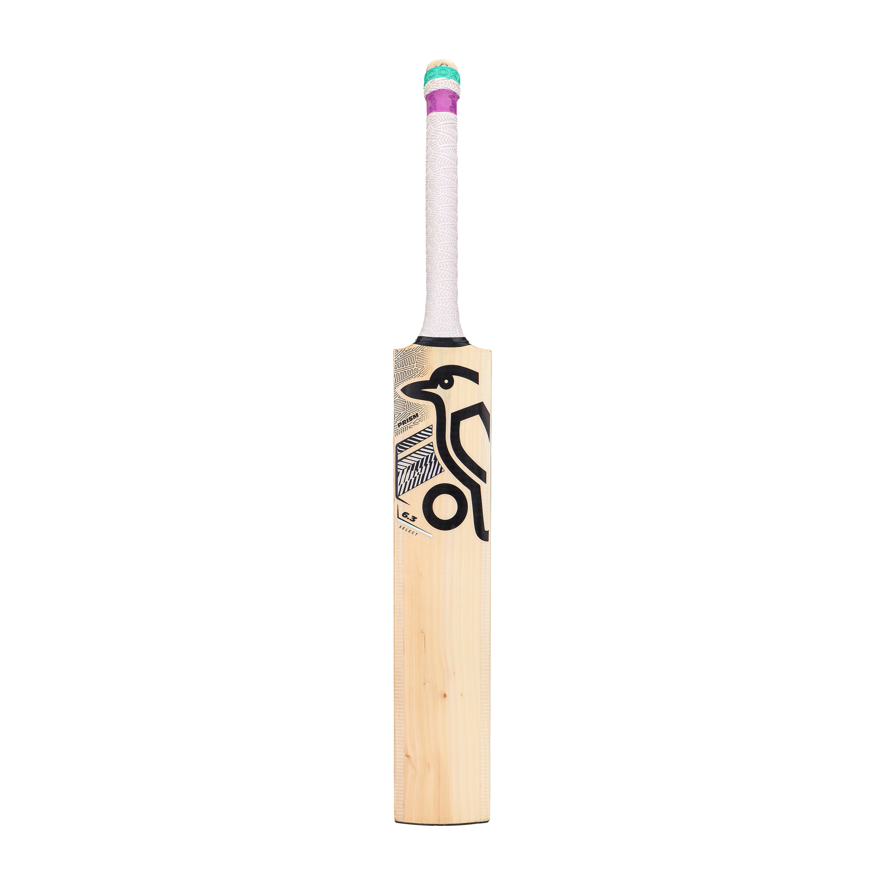 The Kookaburra Prism 6.3 Select Cricket Bat 2026, a Grade 5 English willow bat by Kookaburra, features a white handle grip and a black geometric bird design on the front, displayed upright against a plain white background.