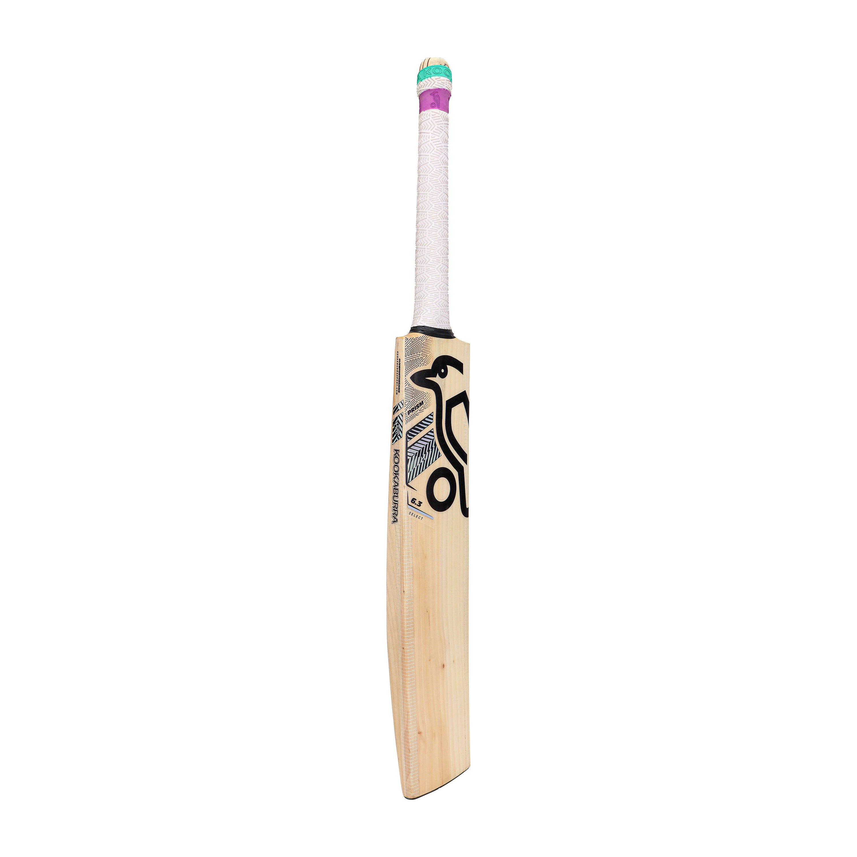 The Kookaburra Prism 6.3 Select Cricket Bat 2026, a Grade 5 English willow bat with a white grip, purple and green bands at the top, and a black design on the blade, is displayed against a plain white background.