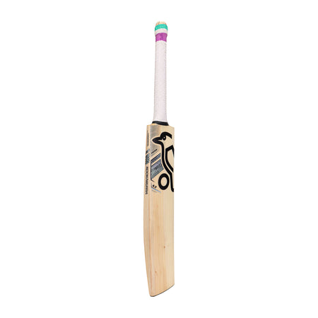 The Kookaburra Prism 6.3 Select Cricket Bat 2026, a Grade 5 English willow bat with a white grip, purple and green bands at the top, and a black design on the blade, is displayed against a plain white background.
