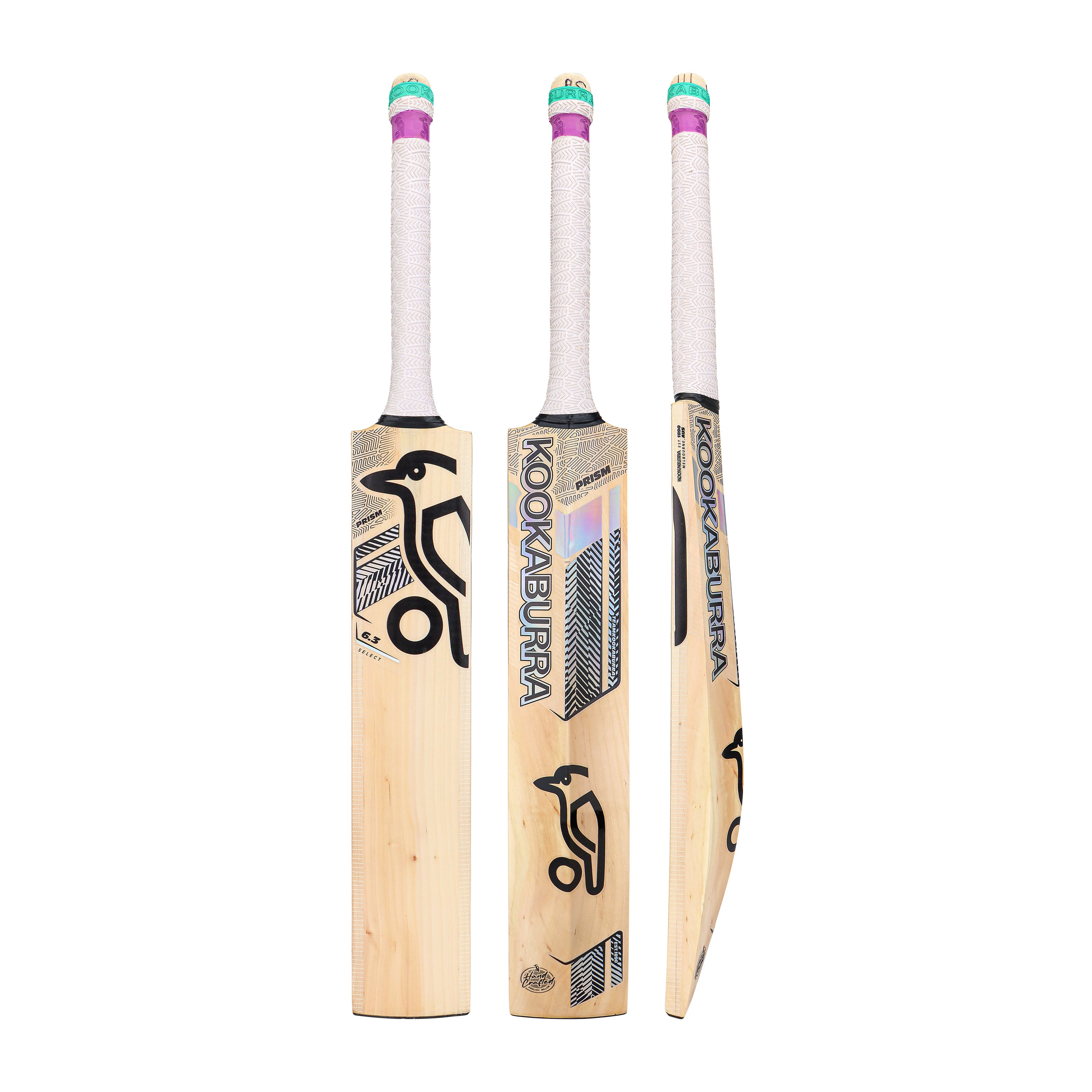 Three Kookaburra Prism 6.3 Select Cricket Bat 2026 models are shown: front, back, and side views, each with a white grip, black Kookaburra branding, and Grade 5 English willow construction.