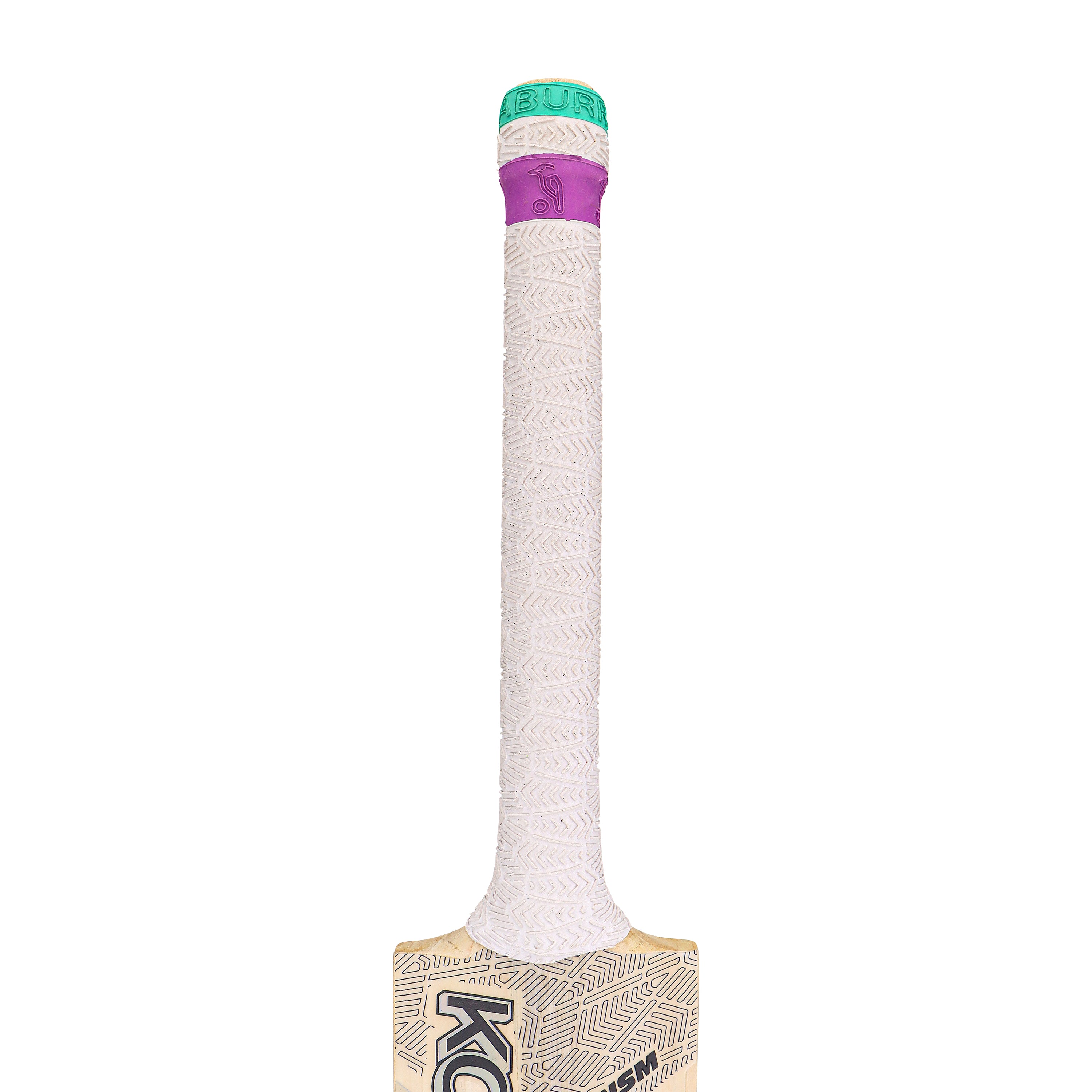 Close-up of the handle of a Kookaburra Prism Natalie Sciver-Brunt Pro Players Replica Cricket Bat 2026, wrapped in a white textured grip with a purple band near the top and a green cap with embossed text. Upper wooden blade is partially visible.