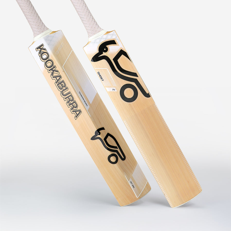 Two Kookaburra Ghost 7.1 Junior Cricket Bats 2025 stand upright, showing the Kookaburra brand and black bird logo. These junior bats feature light-colored handles and a smooth finish.