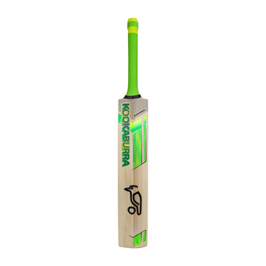The Kookaburra Kahuna 7.1 Cricket Bat 2026 features a light Grade 2 willow blade, green accents, and a bright green handle with the Kookaburra logo and brand printed on the side, shown upright against a white background.