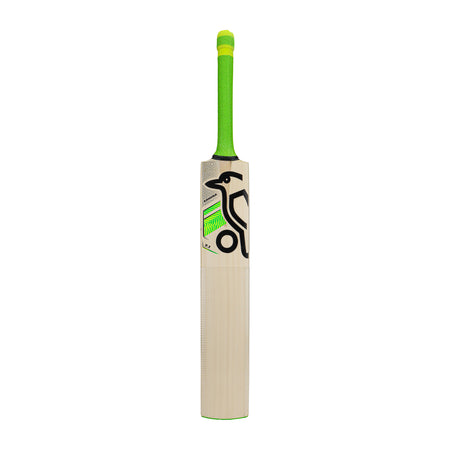 The Kookaburra Kahuna 7.1 Cricket Bat 2026 features a green handle, black and green stylized bird logo on the front, is made from Grade 2 willow, and is shown vertically against a white background.
