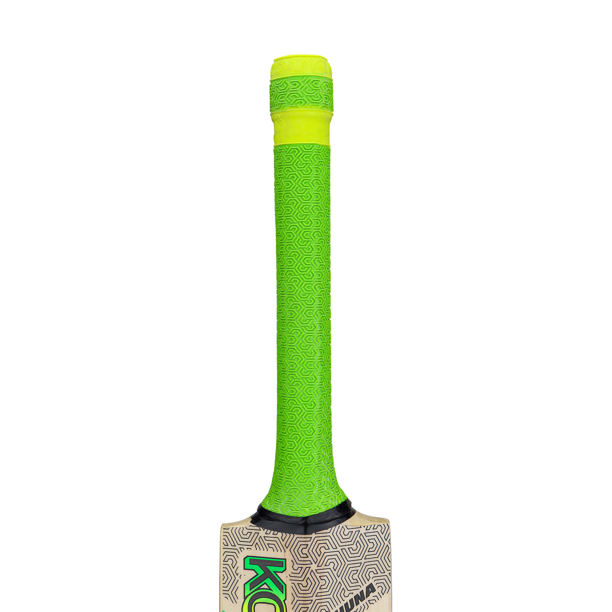 The Kookaburra Kahuna 7.1 Cricket Bat 2026 by Kookaburra features a bright green patterned grip and a yellow band at the top. Made from Grade 2 willow with an Armourtec face, it is displayed upright against a white background.