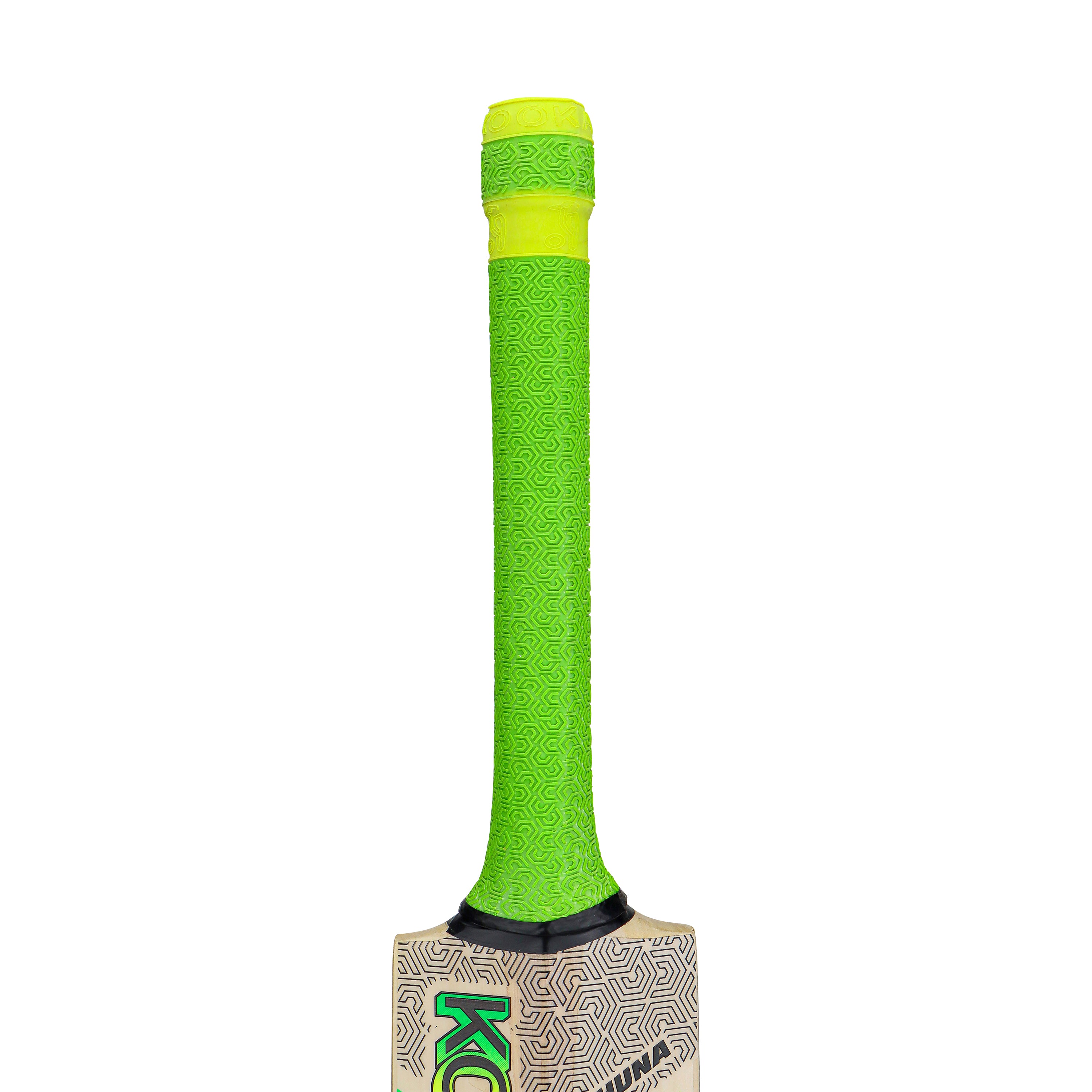 The Kookaburra Kahuna 7.1 Cricket Bat 2026 by Kookaburra features a bright green patterned grip and a yellow band at the top. Made from Grade 2 willow with an Armourtec face, it is displayed upright against a white background.