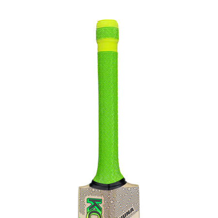 The Kookaburra Kahuna 7.1 Cricket Bat 2026 by Kookaburra features a bright green patterned grip and a yellow band at the top. Made from Grade 2 willow with an Armourtec face, it is displayed upright against a white background.
