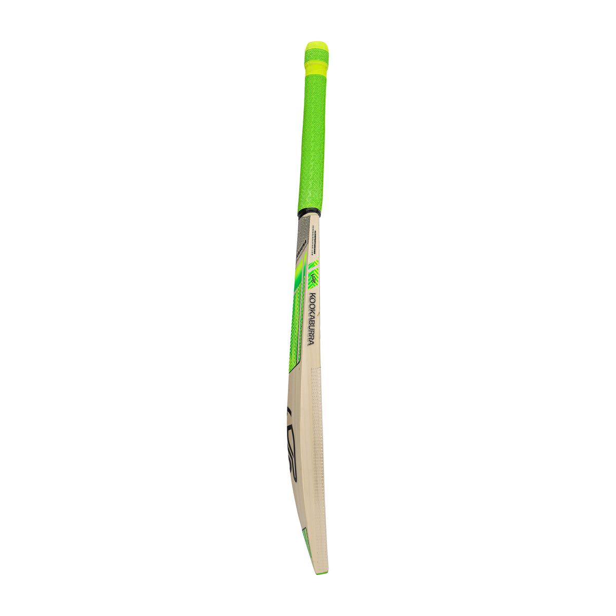 The Kookaburra Kahuna 7.1 Cricket Bat 2026, made from Grade 2 willow, displays a bright green grip and green blade accents in an upright pose against a plain white background.