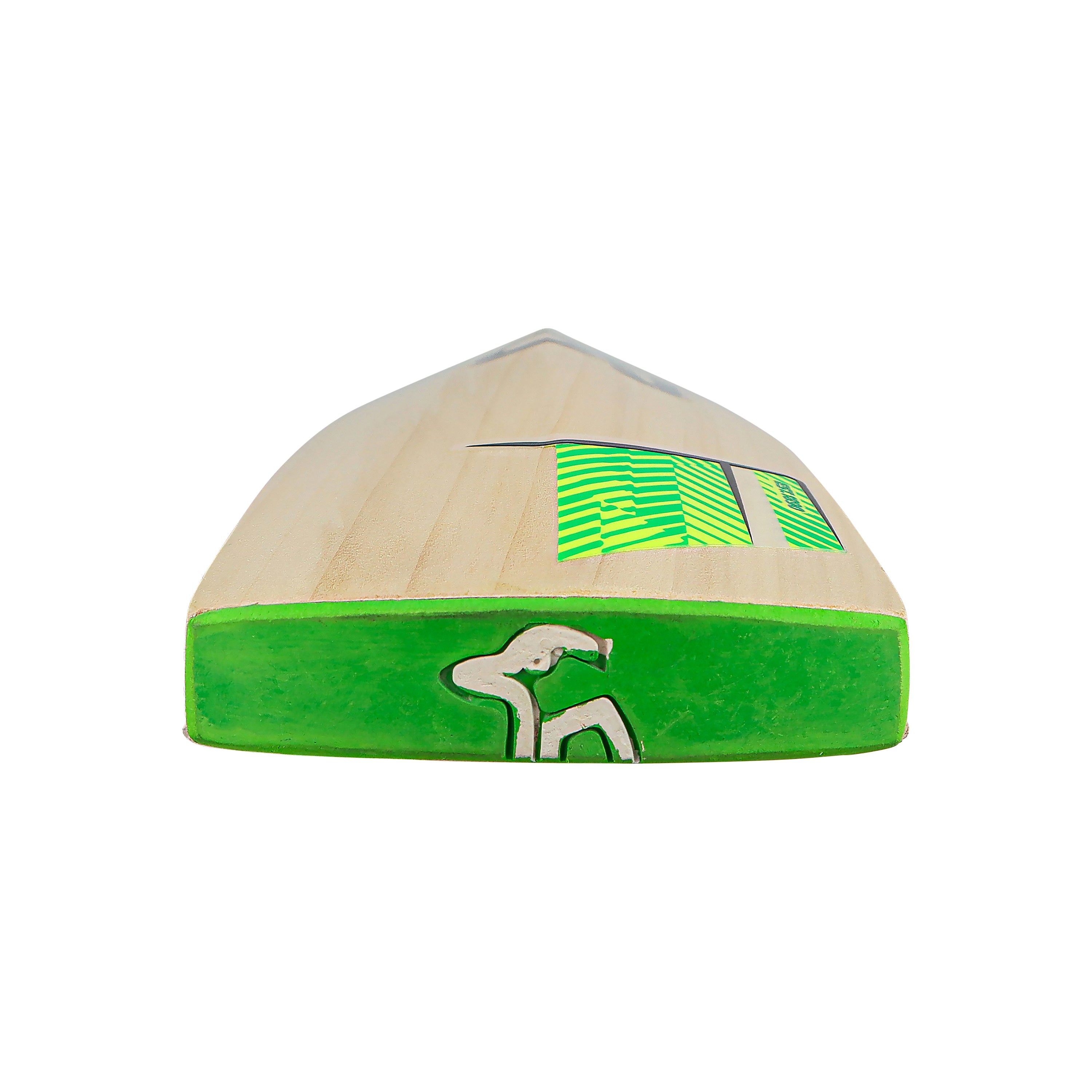 The Kookaburra Kahuna 7.1 Cricket Bat 2026, made of Grade 2 willow, features a green edge, white animal logo, Armourtec face, and green-striped detailing when viewed from the bottom.