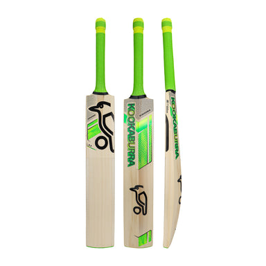 Three views of the Kookaburra Kahuna 7.1 Cricket Bat 2026 by Kookaburra, featuring a light Grade 2 willow finish, Armourtec face, bright green handle, and black-green branding from the front, back, and side.