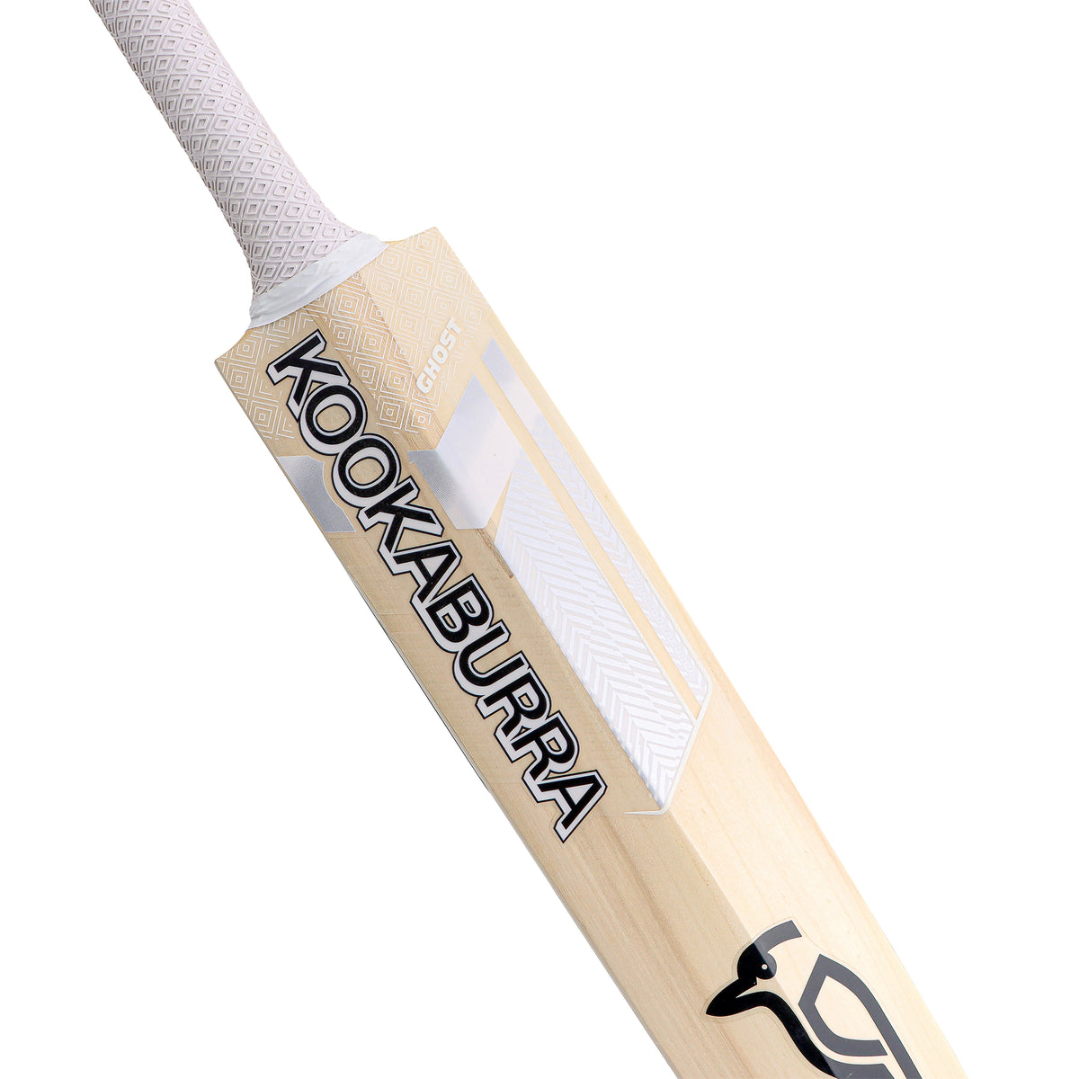 Close-up of the Kookaburra Ghost 7.1 Cricket Bat 2026, featuring a white grip, light wood finish, “KOOKABURRA” branding on the blade, Armourtec face, and the signature black kookaburra bird logo.