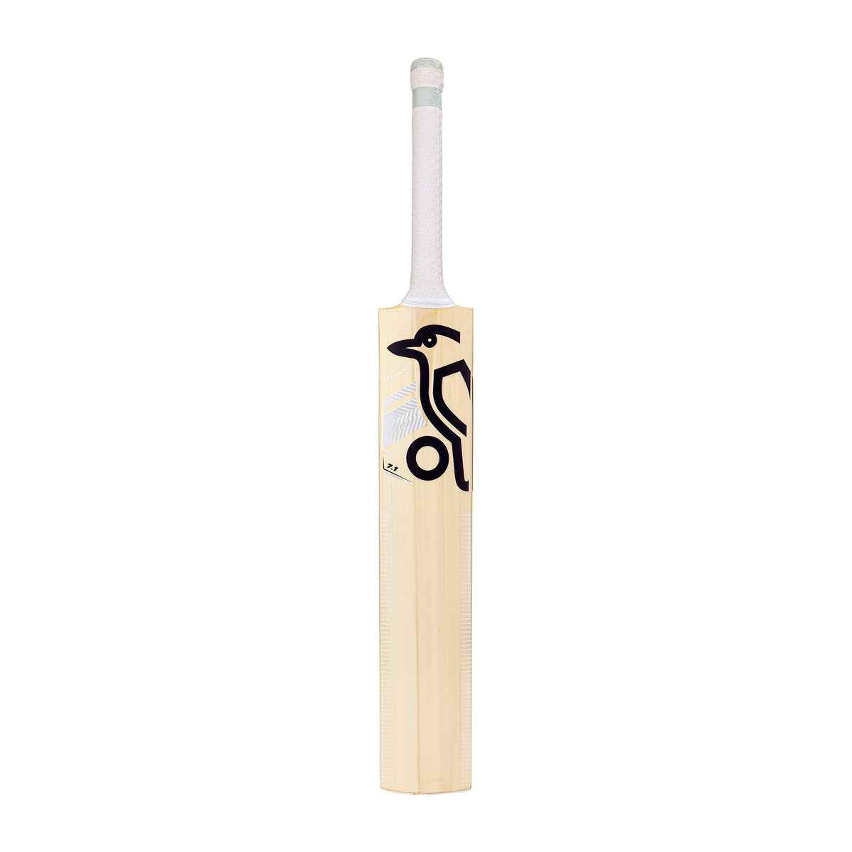 A Kookaburra Ghost 7.1 Cricket Bat 2026 with a white handle and black stylized bird logo stands upright against a plain white background, featuring an Armourtec face for added durability.