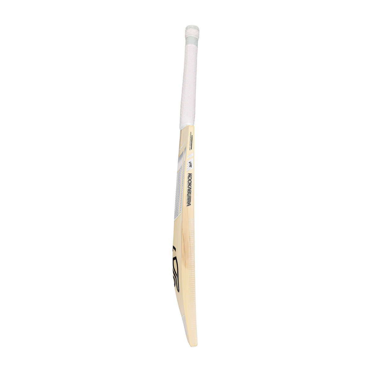 The Kookaburra Ghost 7.1 Cricket Bat 2026 stands upright, showcasing its light color, thick profile, Armourtec face, and unique white grip handle.