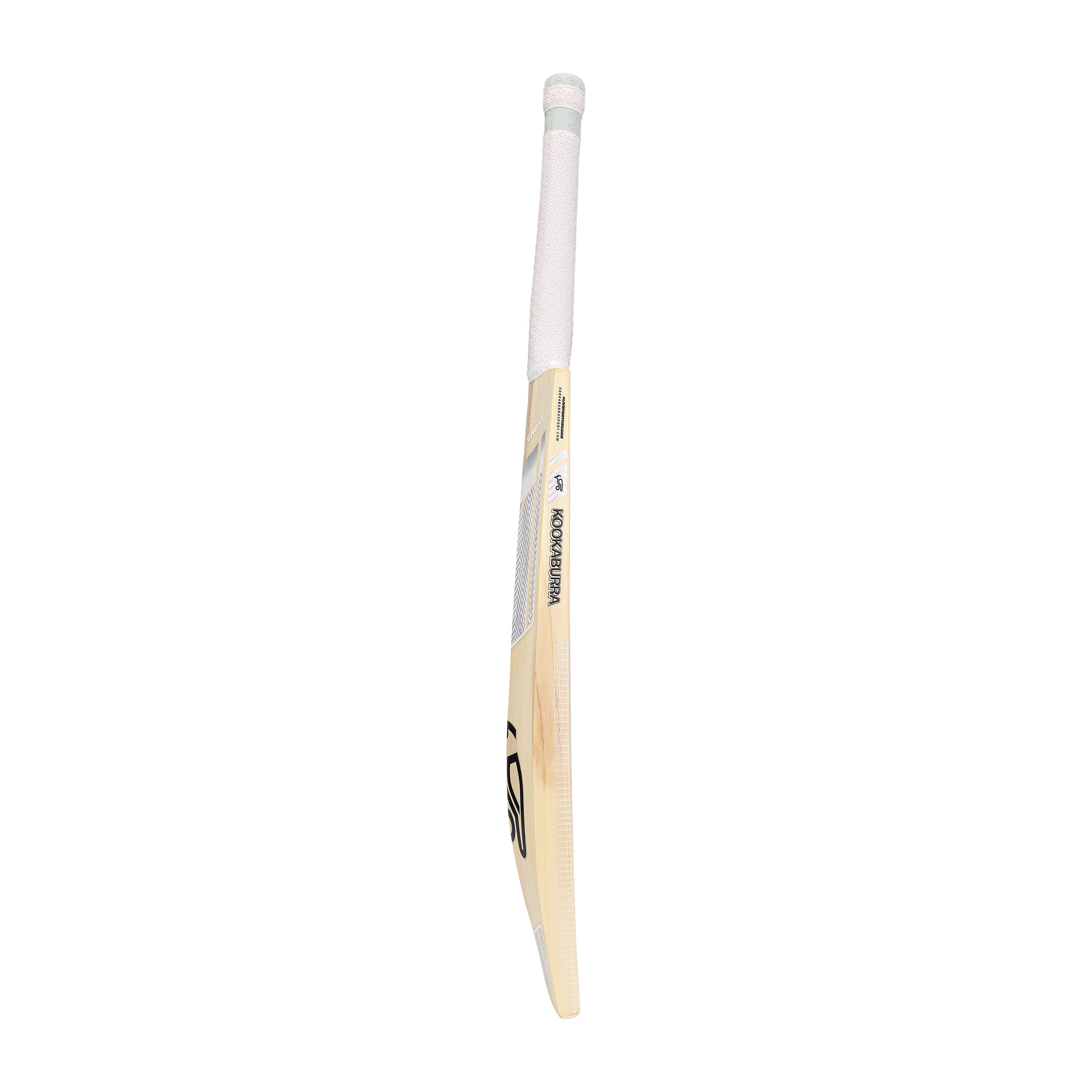 The Kookaburra Ghost 7.1 Cricket Bat 2026 stands upright, showcasing its light color, thick profile, Armourtec face, and unique white grip handle.